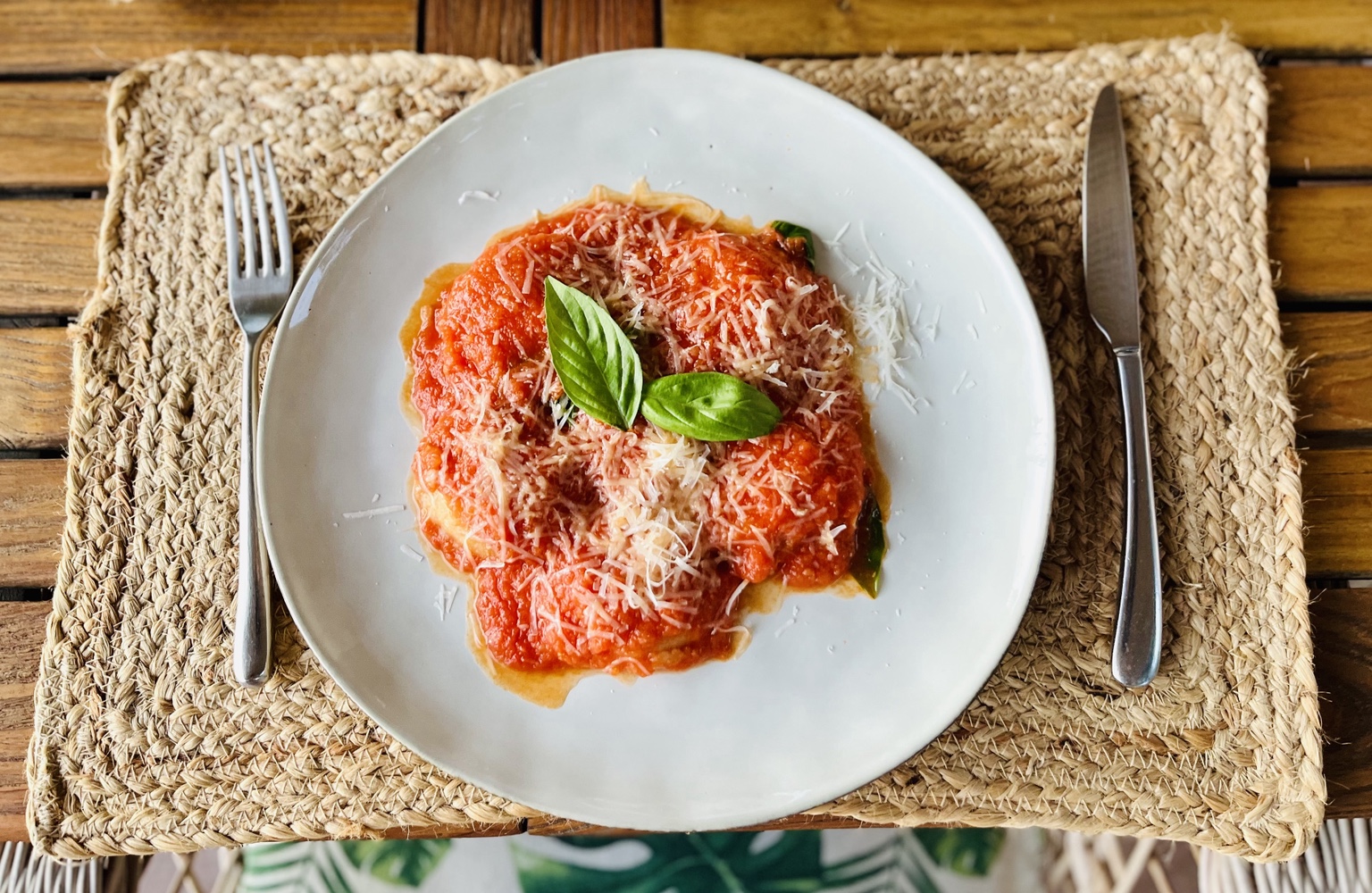 Sal’s Caprese ravioli, served with tomato sauce, basil and grated cheese